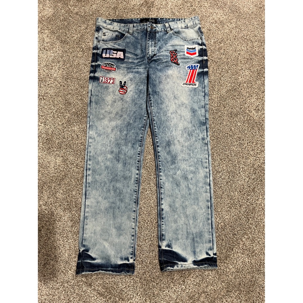 Mens Acid Wash Multi Patch Straight Leg Jeans Blue 40x34 USA Racing Snake